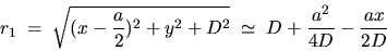 \begin{displaymath}r_1\; =\; \sqrt{(x-\frac{a}{2})^2+y^2+D^2} \; \simeq \; D+\frac{a^2}{4 D}-\frac{a x}{2 D}\end{displaymath}