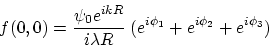 \begin{displaymath}
f(0,0)=\frac{\psi_0 e^{i k R}}{i \lambda R}\; (e^{i \phi_1}+e^{i \phi_2}+e^{i \phi_3})
\end{displaymath}
