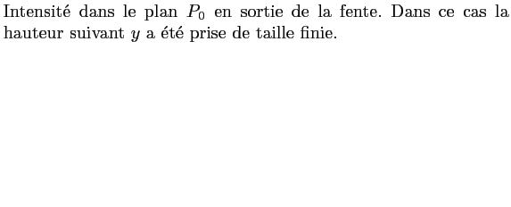 $\textstyle \parbox{10cm}{Intensit\'e dans le plan $P_0$\ en sortie de la fente. Dans ce cas la hauteur suivant $y$\ a \'et\'e prise de taille finie.\vskip 3cm}$